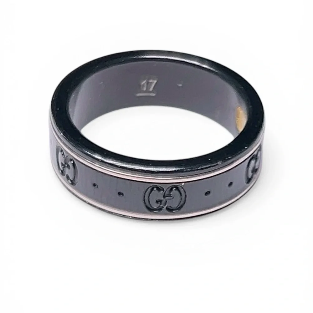 Gucci Icon 18K White Gold and Black Enamel Double G Logo Band